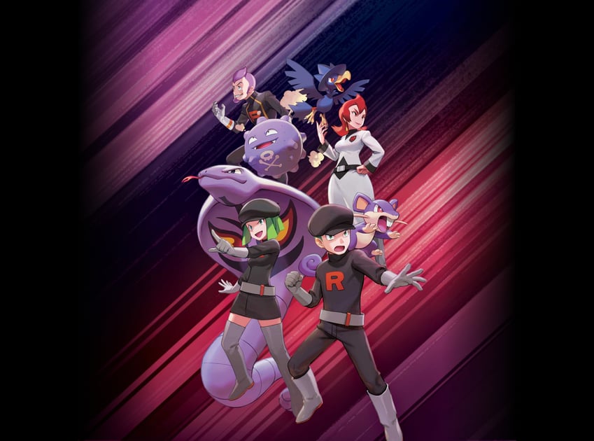 arbok, murkrow, rattata, koffing, team rocket grunt, and 2 more (pokemon and 3 more)