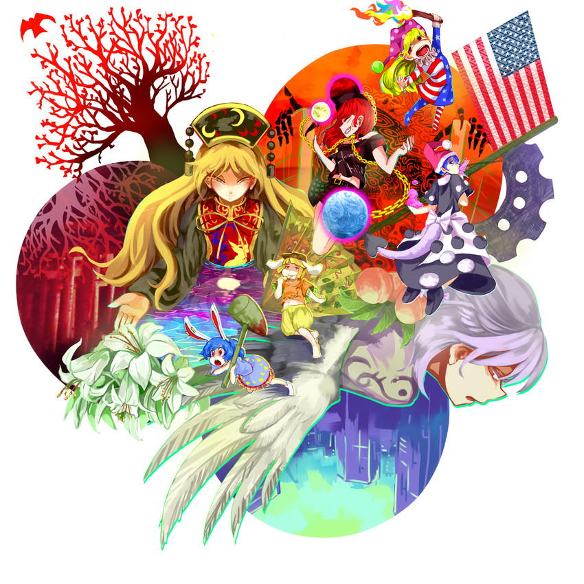 clownpiece, junko, hecatia lapislazuli, kishin sagume, doremy sweet, and 2 more (touhou and 1 more) drawn by yotogi_(yotogi_luminary)