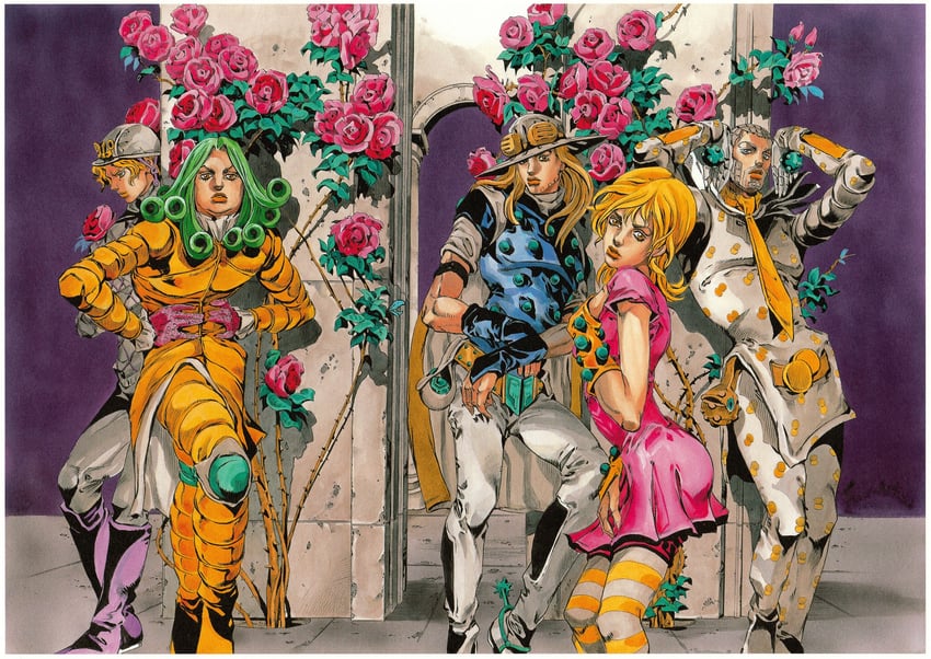 gyro zeppeli, diego brando, funny valentine, lucy steel, and wekapipo (jojo no kimyou na bouken and 1 more) drawn by araki_hirohiko