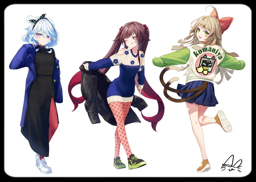 hu tao, furina, and kirara (genshin impact) drawn by asahi_(vjss4548)