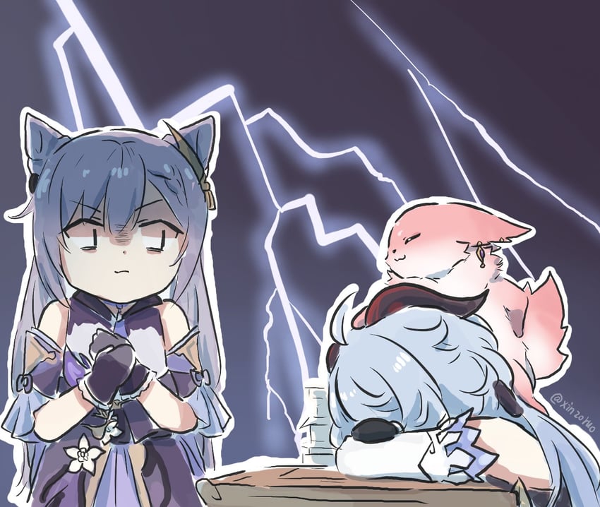 ganyu, yae miko, and keqing (genshin impact) drawn by xinzoruo