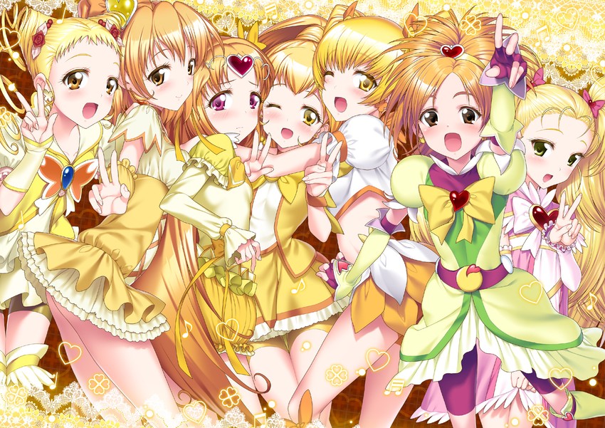 kise yayoi, cure peace, myoudouin itsuki, cure sunshine, shirabe ako, and 9 more (precure and 9 more) drawn by suzume_inui