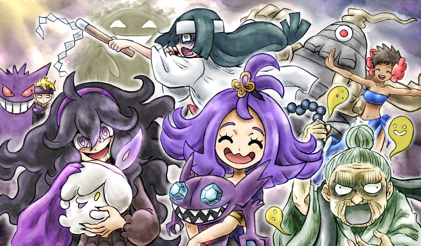 hex maniac, gengar, litwick, acerola, morty, and 6 more (pokemon and 5 more) drawn by kicdon