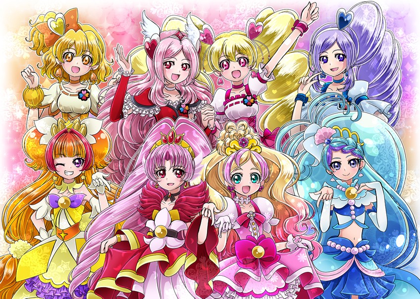 higashi setsuna, momozono love, amanogawa kirara, cure peach, haruno haruka, and 11 more (precure and 2 more) drawn by cokata