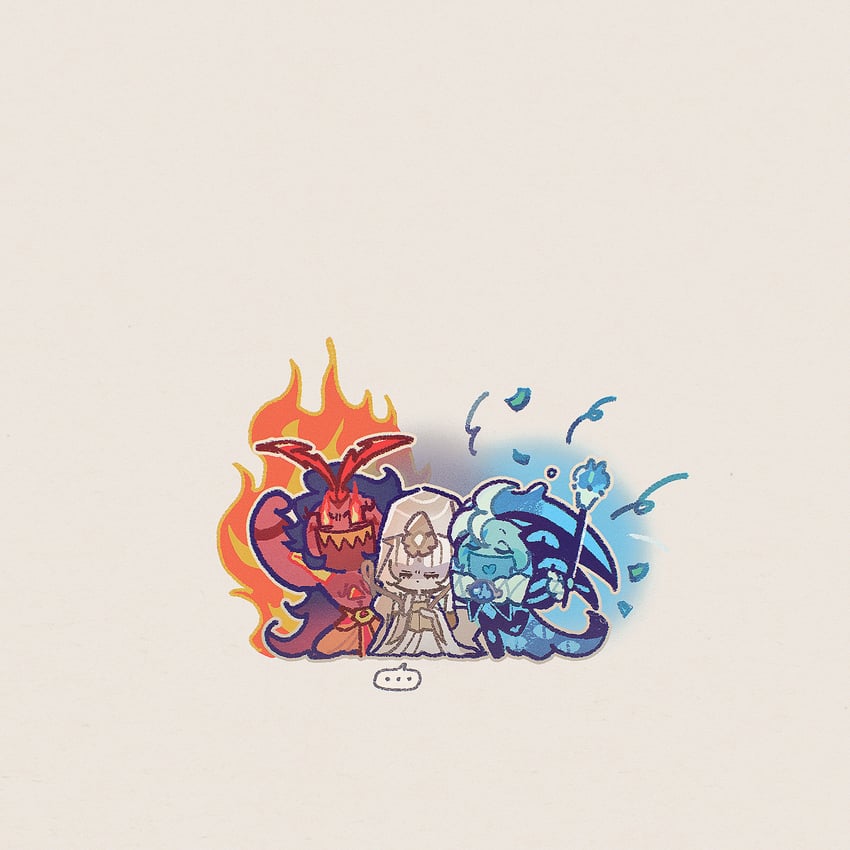 shadow milk cookie, mystic flour cookie, and burning spice cookie (cookie run and 1 more) drawn by ishrkut