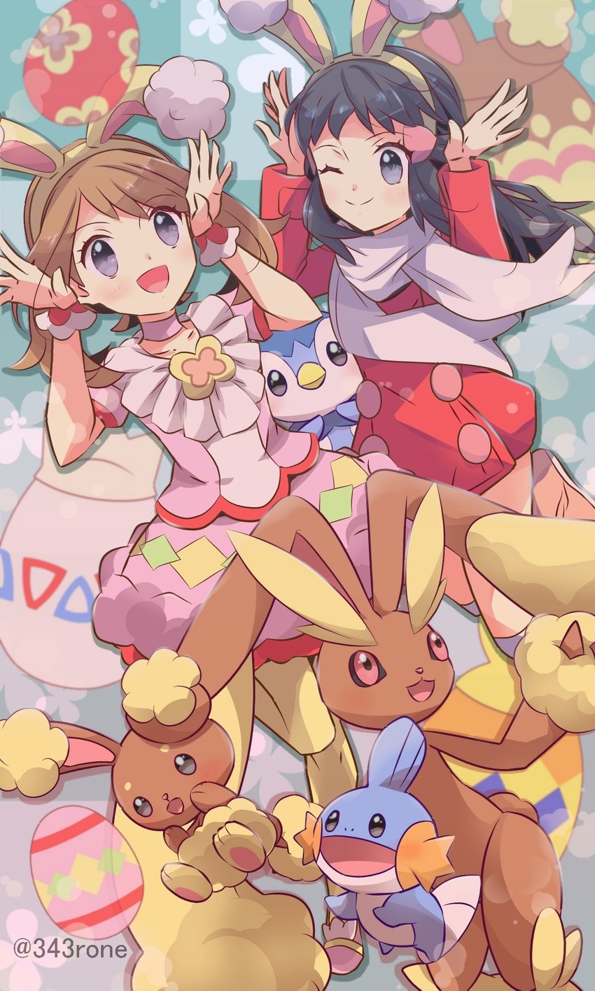 dawn, may, piplup, lopunny, mudkip, and 1 more (pokemon and 3 more) drawn by 343rone