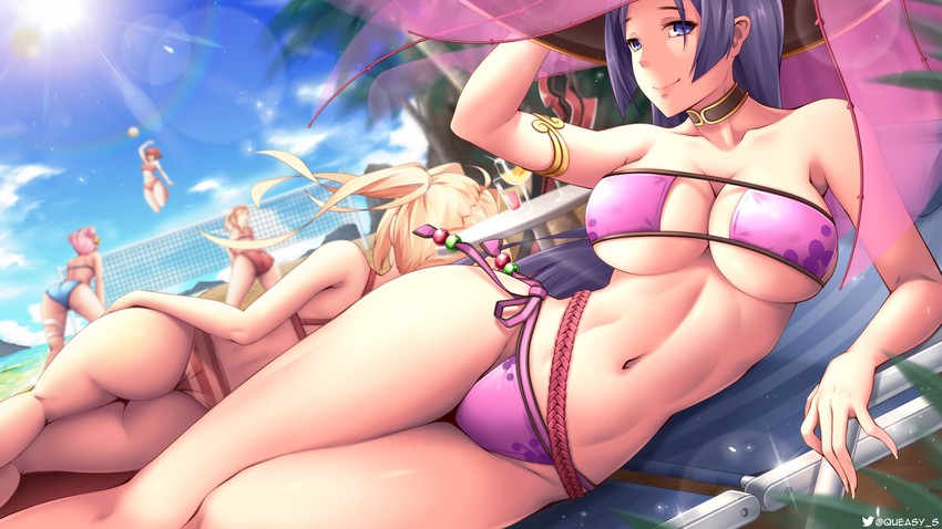 fujimaru ritsuka, nero claudius, mordred, minamoto no raikou, and frankenstein's monster (fate and 1 more) drawn by queasy_s