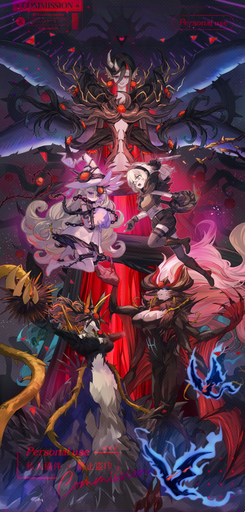 diabellstar the black witch, diabellze the original sinkeeper, astellar of the white forest, elzette of the white forest, elzette azamina of the white forest, and 5 more (yu-gi-oh!) drawn by hsin