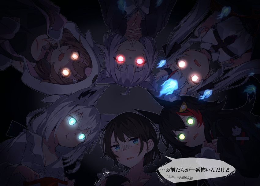 shirakami fubuki, nekomata okayu, ookami mio, oozora subaru, inugami korone, and 1 more (hololive) drawn by deany