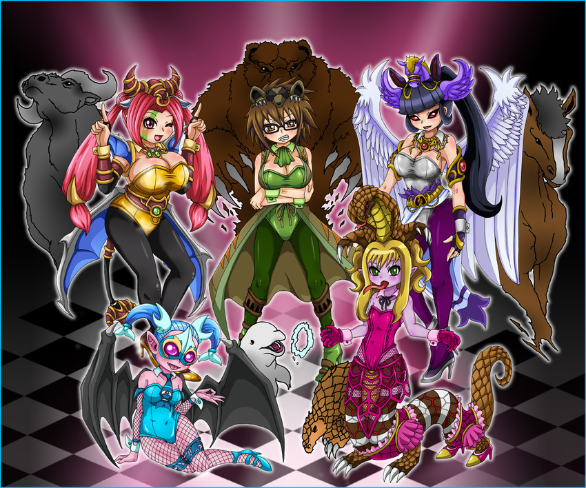 aussa, aussa the earth charmer, reptilianne naga, fabled topi, t.g. wonder magician, and 1 more (yu-gi-oh!) drawn by tensama_(ten2009)