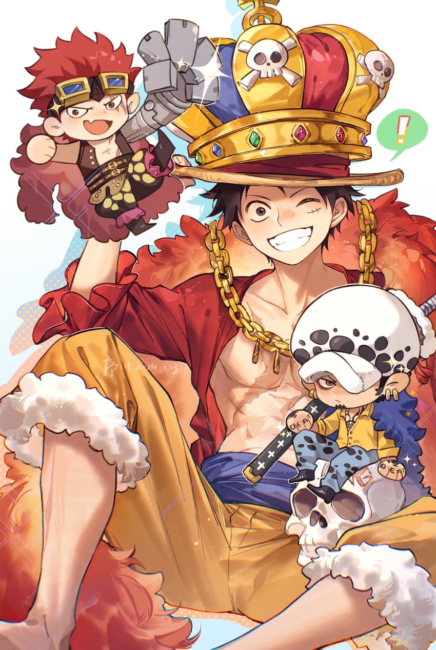 monkey d. luffy, trafalgar law, and eustass kid (one piece) drawn by xuchuan