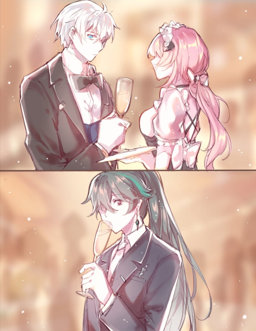 elysia, kevin kaslana, and su (honkai and 1 more) drawn by tangsenkelly