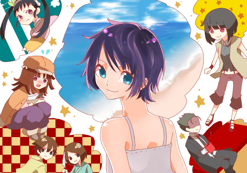 senjougahara hitagi, sengoku nadeko, hachikuji mayoi, araragi karen, araragi tsukihi, and 2 more (monogatari and 1 more) drawn by curry_gohan