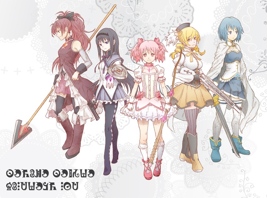 akemi homura, kaname madoka, miki sayaka, sakura kyoko, and tomoe mami (mahou shoujo madoka magica) drawn by fukuhara_tetsuya