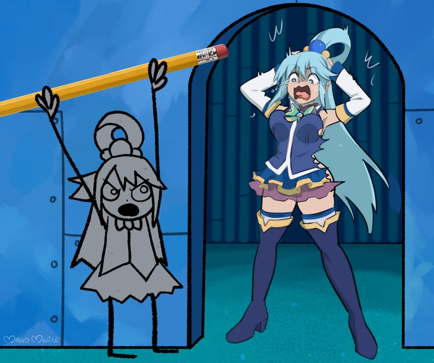 aqua and doodlebob (kono subarashii sekai ni shukufuku wo! and 1 more) drawn by maho_malice