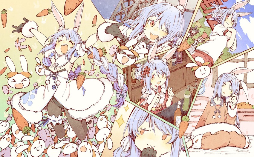 usada pekora, sakura miko, ookami mio, don-chan, and pekomon (hololive) drawn by abara_heiki