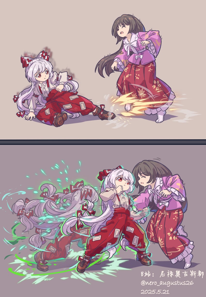 fujiwara no mokou, houraisan kaguya, and ken masters (touhou and 2 more) drawn by nero_augustus