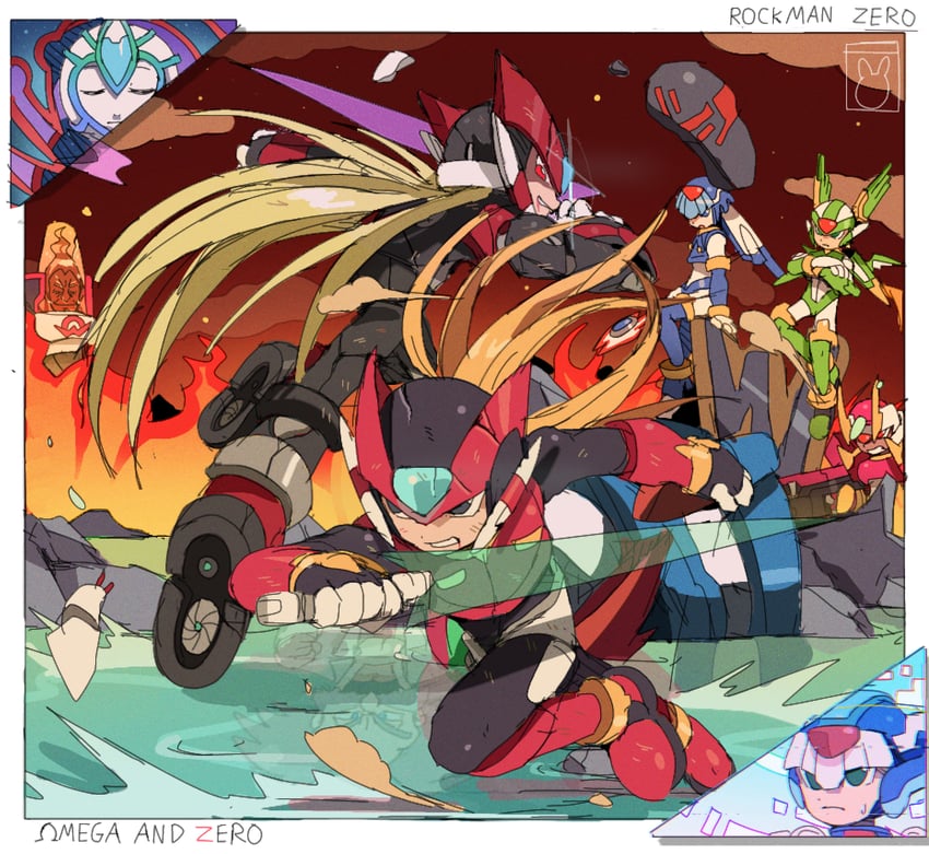 zero, x, zero(z), fairy leviathan, cyber elf x, and 6 more (mega man and 2 more) drawn by bendedede
