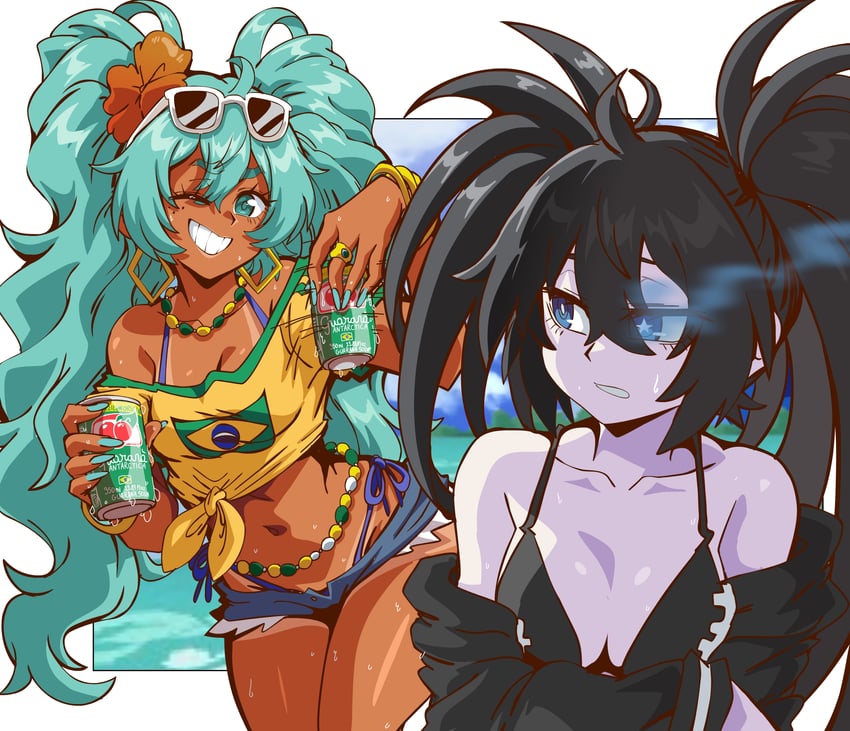 hatsune miku, black rock shooter, and brazilian miku (vocaloid and 1 more) drawn by lewdamone
