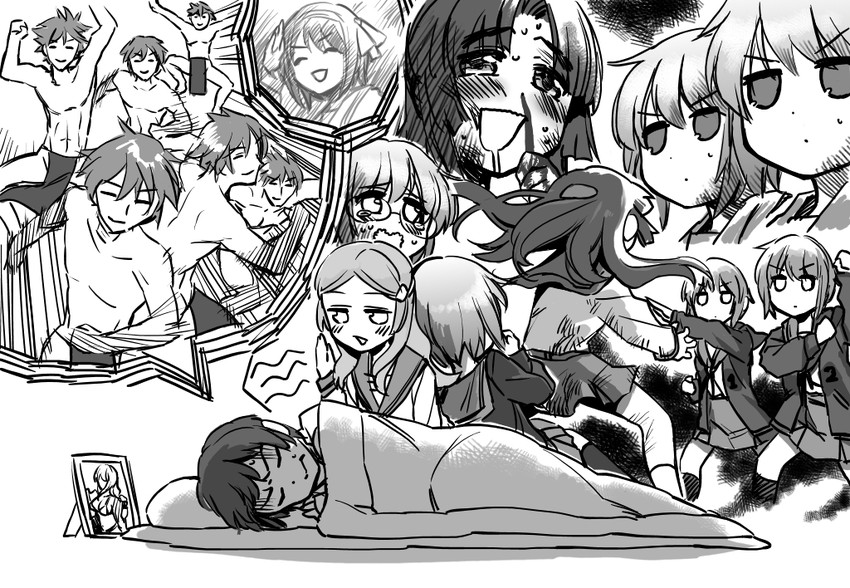 suzumiya haruhi, nagato yuki, kyon, asakura ryoko, koizumi itsuki, and 1 more (suzumiya haruhi no yuuutsu and 2 more) drawn by pine_(pine-box)