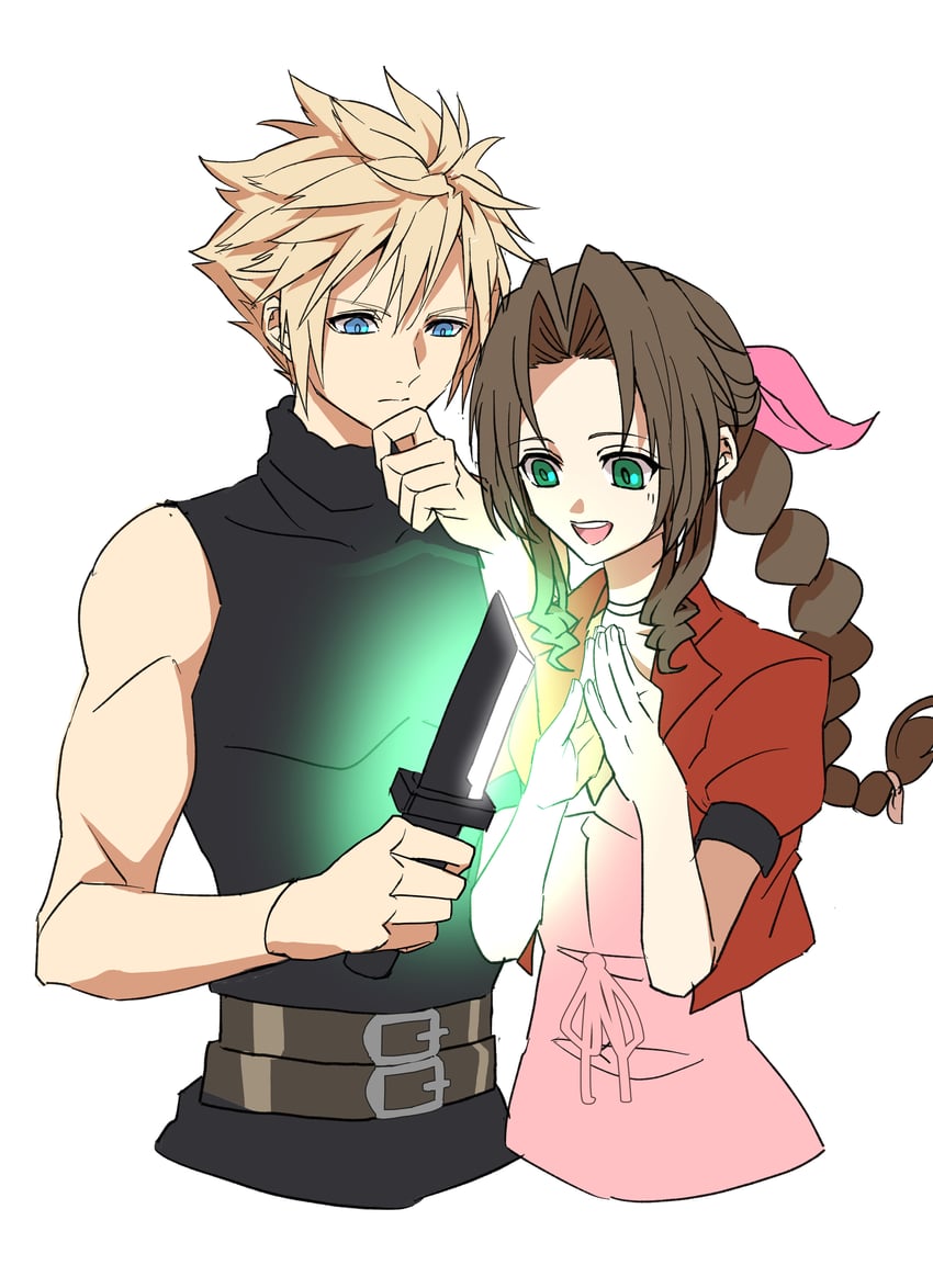 cloud strife and aerith gainsborough (final fantasy and 3 more) drawn by 26caaan