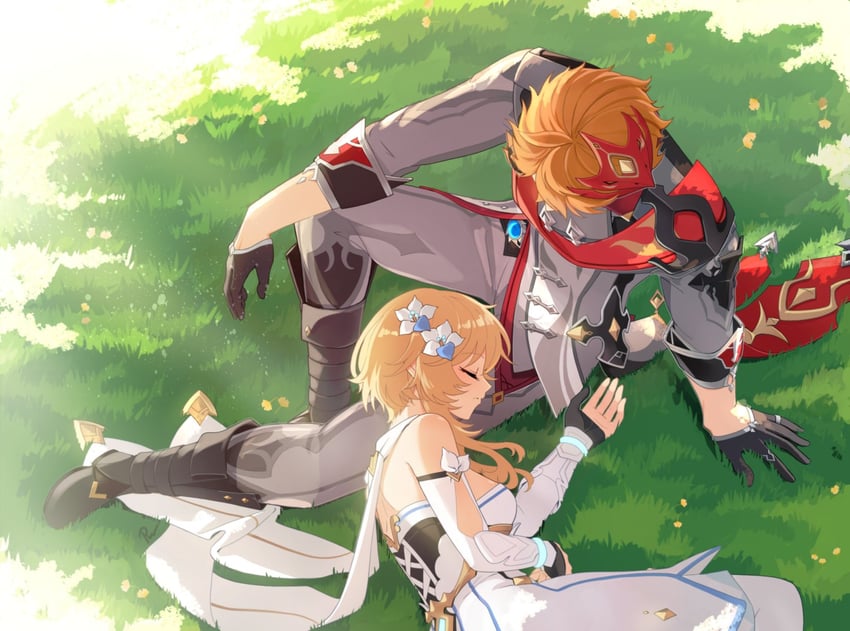 lumine and tartaglia (genshin impact) drawn by rayanawolfer