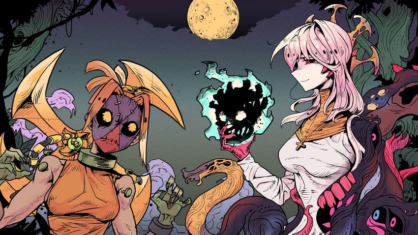 painwheel, double, skull kid, skull heart, and chaos (skullgirls) drawn by han_gong