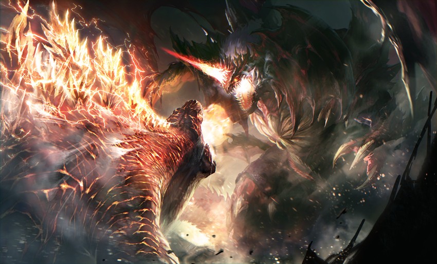 godzilla, destoroyah, and burning godzilla (monsterverse and 3 more) drawn by yaziri