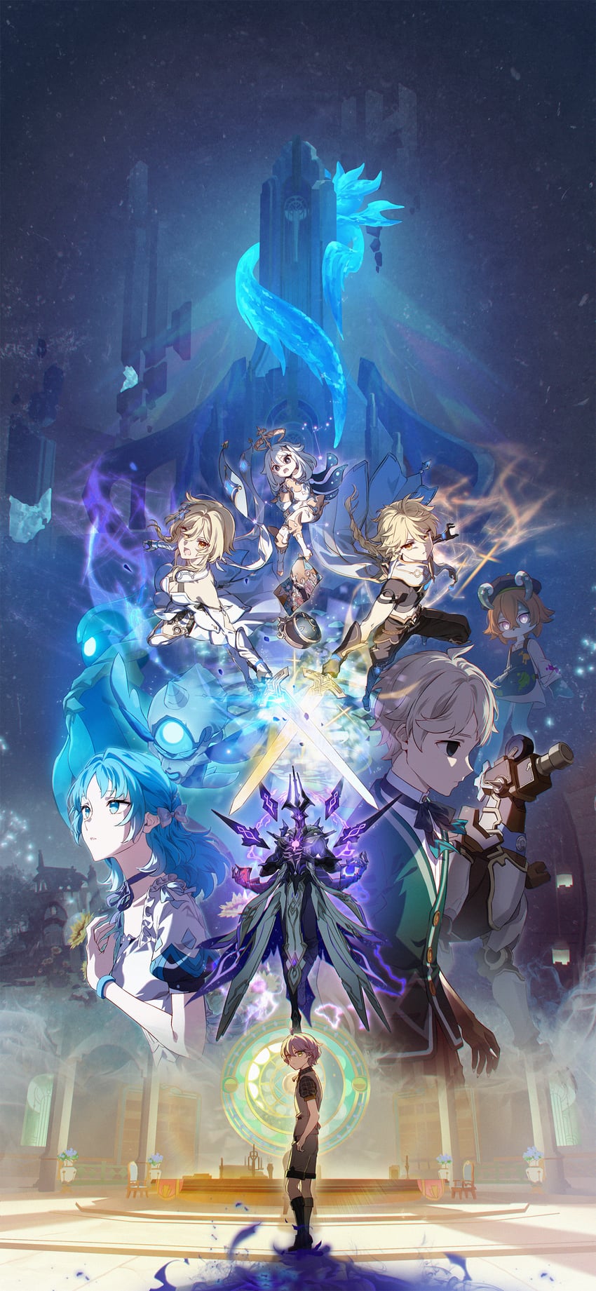 lumine, aether, paimon, oceanid, mamere, and 6 more (genshin impact) drawn by sakon04