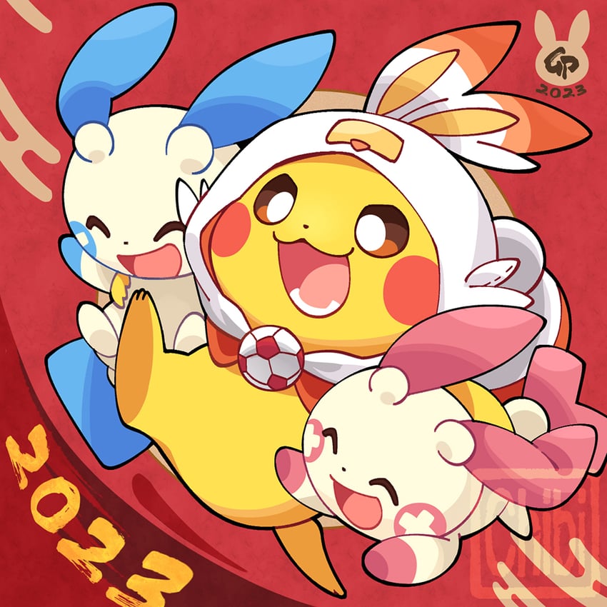 pikachu, scorbunny, minun, and plusle (pokemon) drawn by tomato_mameta