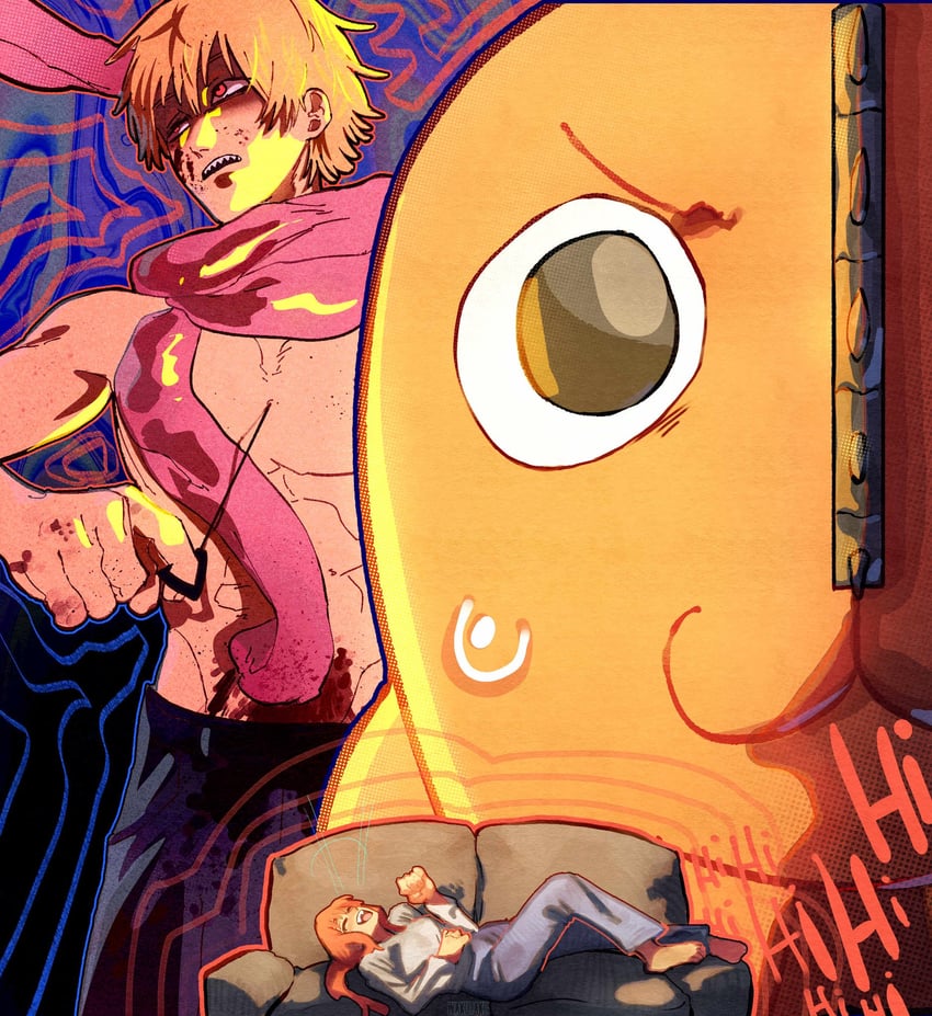 makima, denji, and pochita (chainsaw man) drawn by taku_(aywakutakuay)
