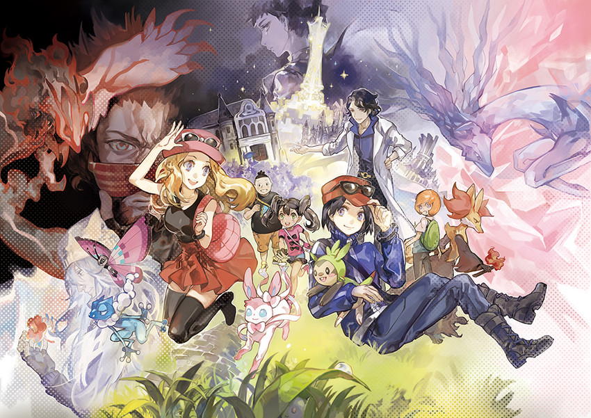 serena, sylveon, calem, chespin, shauna, and 12 more (pokemon and 1 more) drawn by noir_(ibaraki)