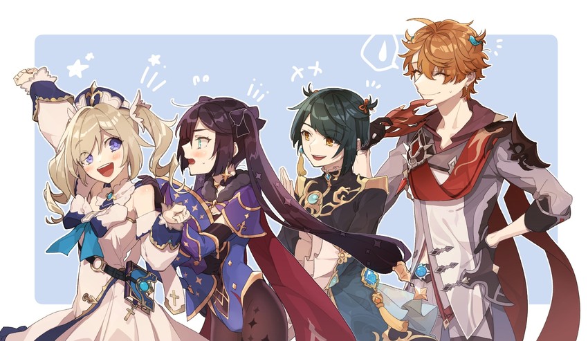 mona, tartaglia, barbara, and xingqiu (genshin impact) drawn by melon_aji_(ntec2423)