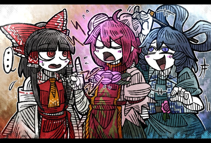 hakurei reimu, kaku seiga, and ibaraki kasen (touhou) drawn by suenari_(peace)