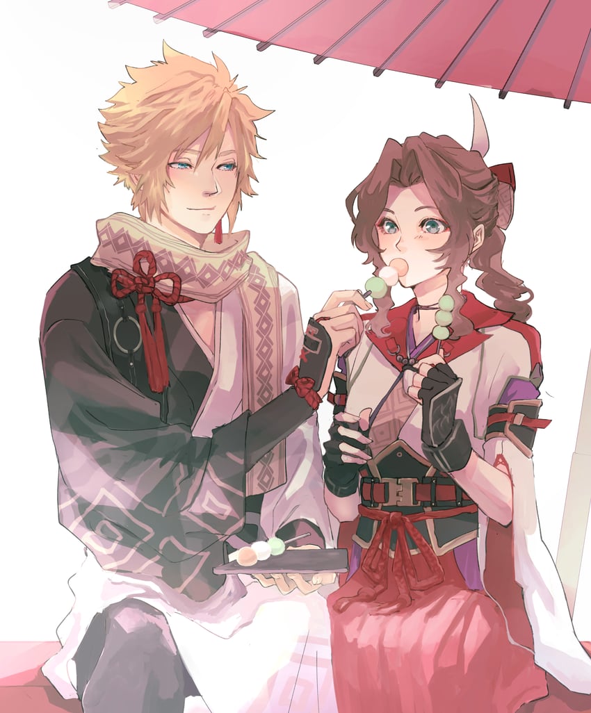 cloud strife, aerith gainsborough, and figneria alshavin (final fantasy and 6 more) drawn by demi_co