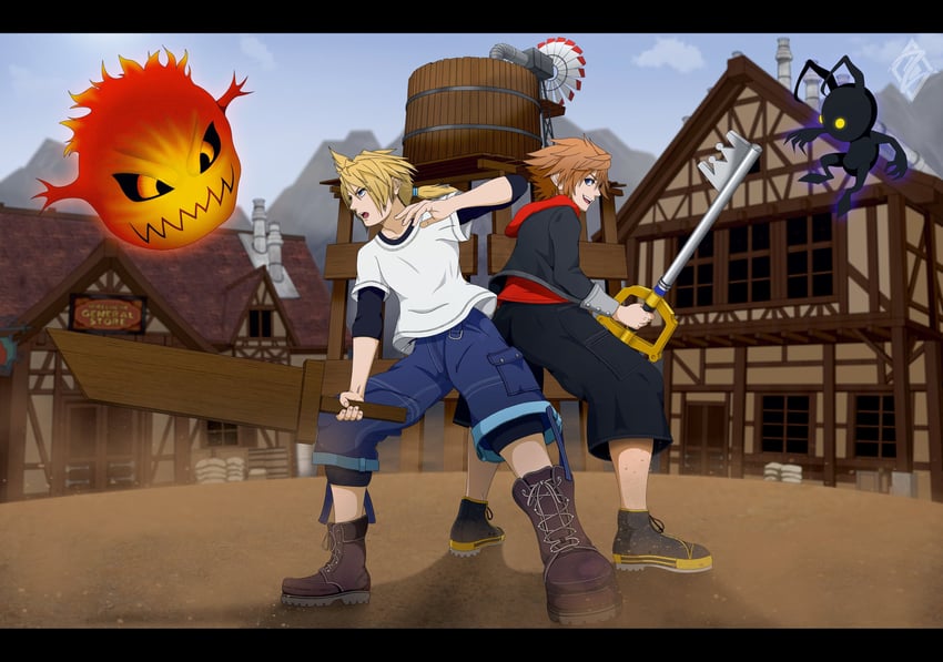 cloud strife, sora, bomb, and shadow (final fantasy and 4 more) drawn by nazyrus07