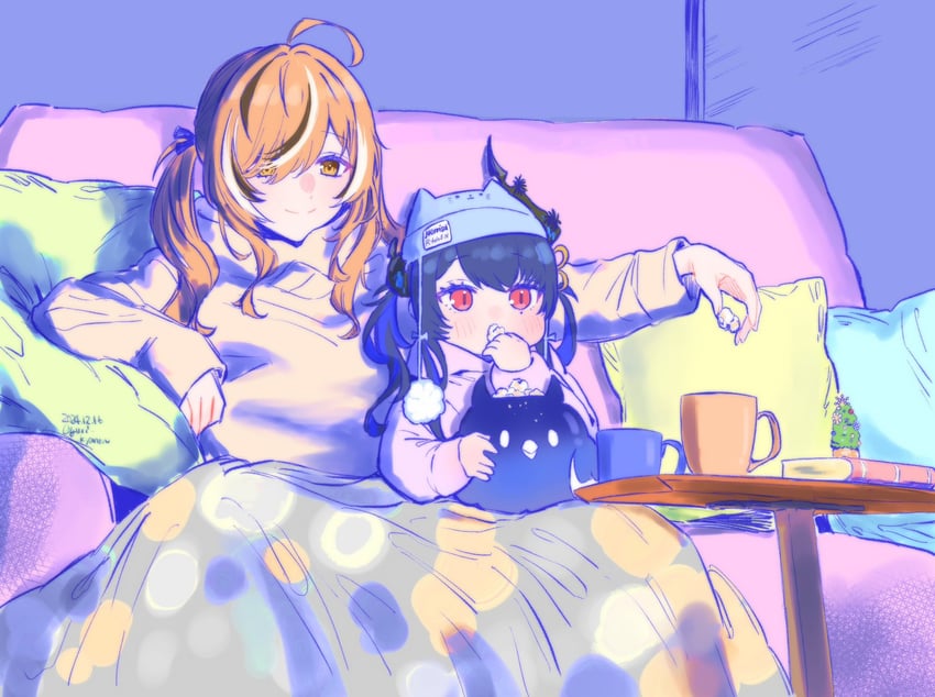 nanashi mumei, nerissa ravencroft, and jailbird (hololive and 1 more) drawn by yuri_kyanon
