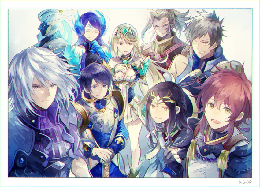 mythra, brighid, lora, jin, fan la norne, and 4 more (xenoblade chronicles and 2 more) drawn by okii