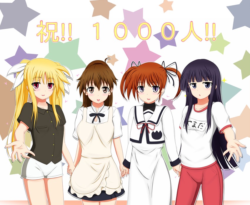 fate testarossa, takamachi nanoha, taneshima popura, and yamada aoi (lyrical nanoha and 3 more) drawn by tom-ani