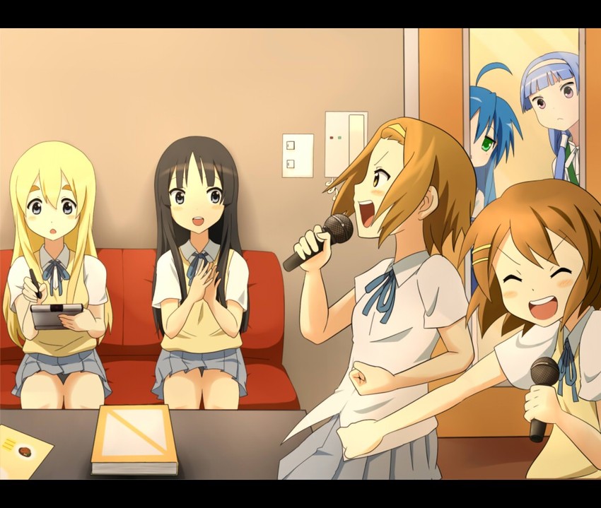 akiyama mio, hirasawa yui, tainaka ritsu, izumi konata, kotobuki tsumugi, and 1 more (k-on! and 2 more) drawn by tsuchifumazu