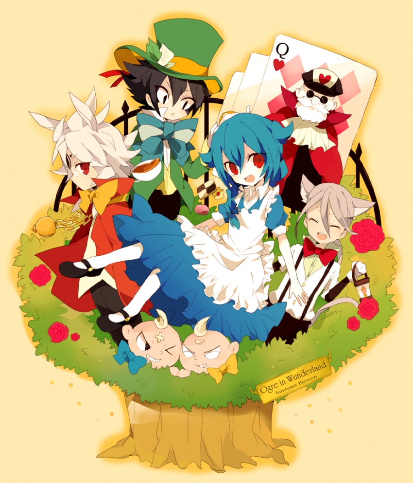 white rabbit, cheshire cat, mad hatter, mistorene callus, baddap sleed, and 2 more (inazuma eleven and 1 more) drawn by amesawa_mokke