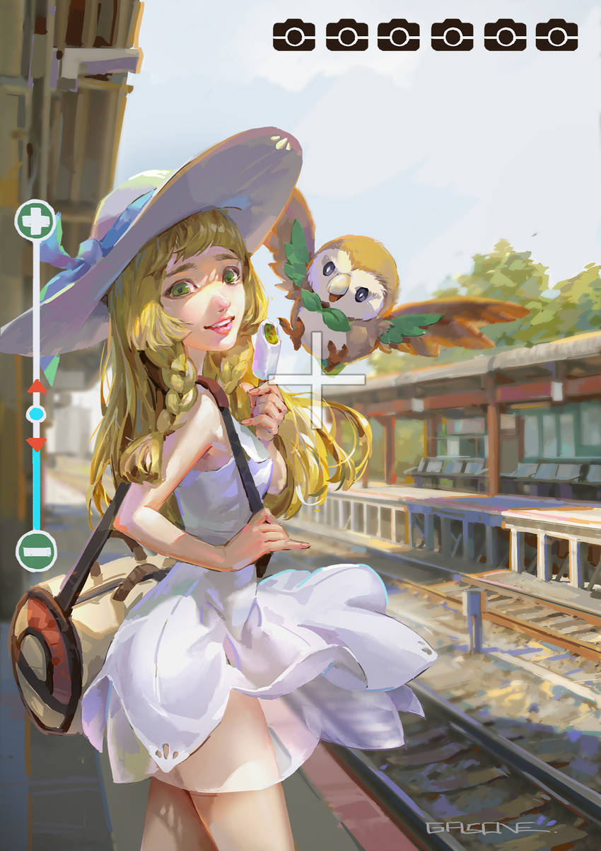 lillie and rowlet (pokemon and 1 more) drawn by shengyi_sun