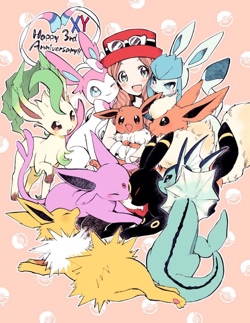 eevee, serena, sylveon, umbreon, glaceon, and 5 more (pokemon and 1 more) drawn by amezawa_koma