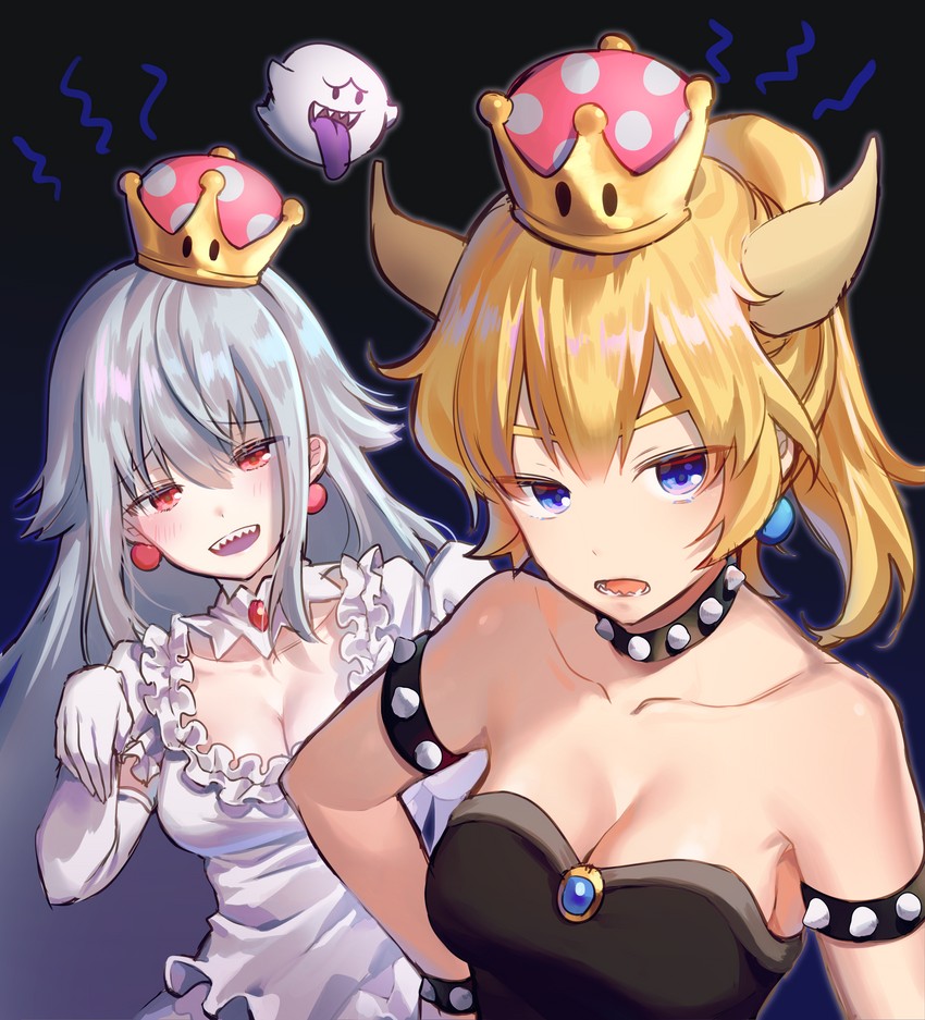 bowsette, princess king boo, and boo (mario and 2 more) drawn by yampa