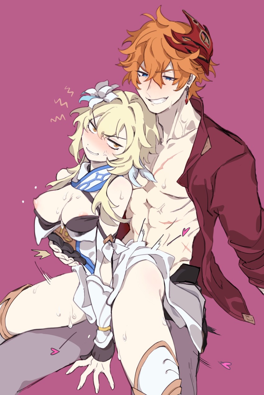 lumine and tartaglia (genshin impact) drawn by hilimuc