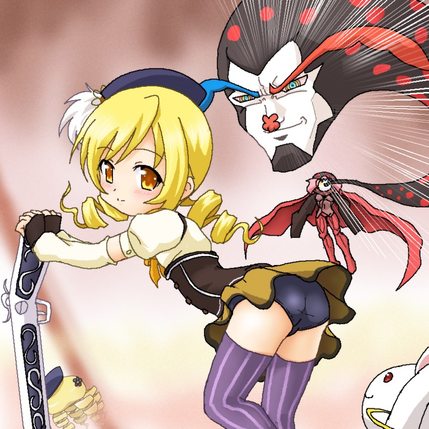 tomoe mami, kyubey, and charlotte (mahou shoujo madoka magica) drawn by hayashiya_zankurou