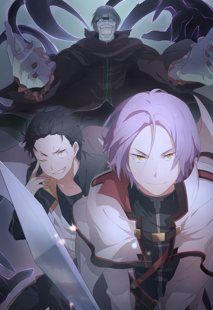 natsuki subaru, petelgeuse romaneeconti, and julius juukulius (re:zero kara hajimeru isekai seikatsu) drawn by harusabin