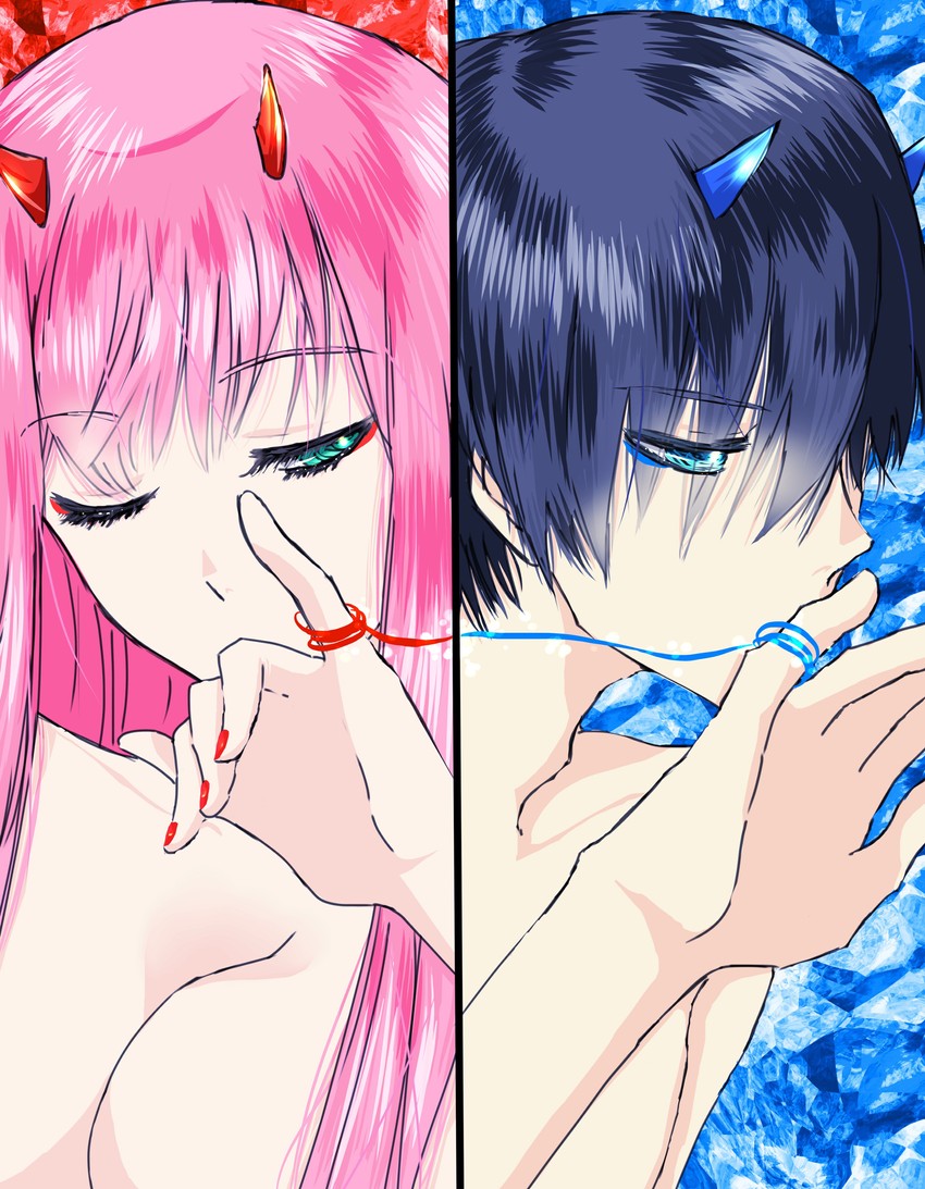 zero two and hiro (darling in the franxx) drawn by naruse_(kmk648)