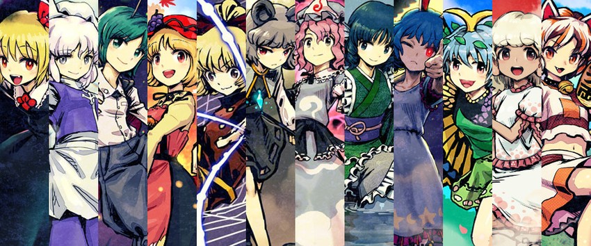saigyouji yuyuko, rumia, nazrin, wriggle nightbug, kurodani yamame, and 7 more (touhou) drawn by meimaru_inuchiyo