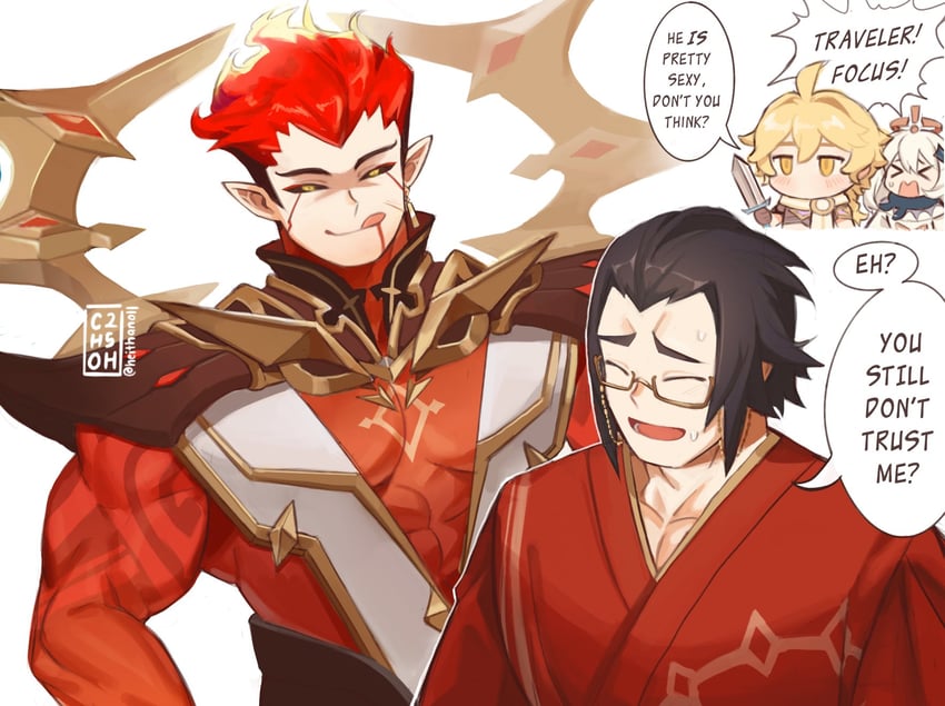 aether, paimon, enjou, and abyss lector (genshin impact) drawn by heithanoll